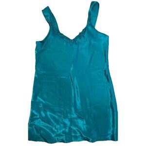 Adonna Womens Teal Blue Satin Embroidered V-Neck Sleeveless Nightgown Chemise M